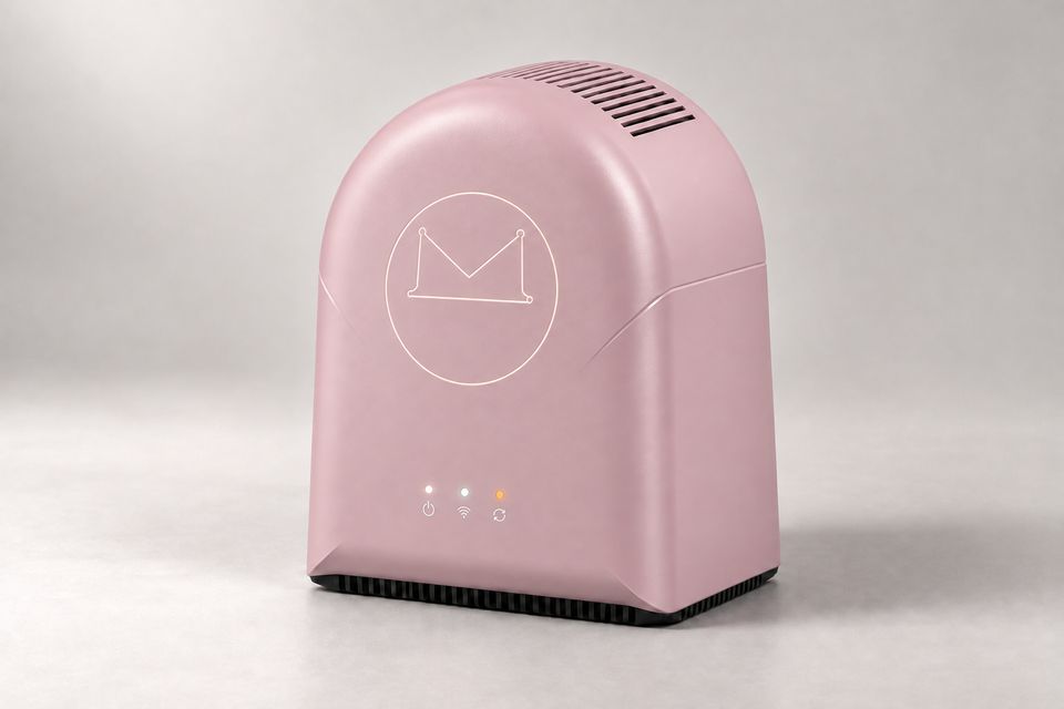 The Arch concept in Blush Pink: a dusty pink, arch-shaped device on a pale grey backdrop, with vent slots across its curved top, a seam sweeping around its sides, a thin white outline of the Synkurl mark in a circle, three small status lights and a dark slatted base.