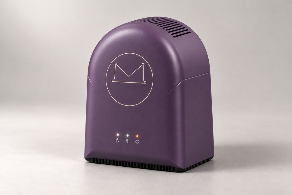 The Arch concept in Dusk Violet: a muted violet, arch-shaped device on a pale grey backdrop, with vent slots across its curved top, a seam sweeping around its sides, a thin champagne outline of the Synkurl mark in a circle, three small status lights and a dark slatted base.