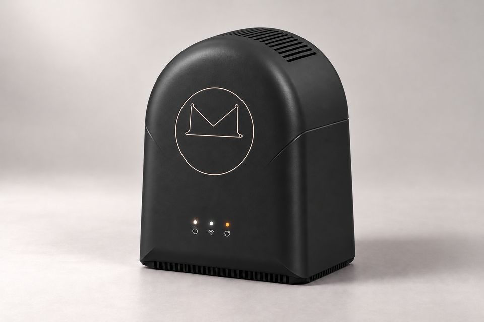 The Arch concept in Matte Black: a low-sheen black, arch-shaped device on a pale grey backdrop, with vent slots across its curved top, a seam sweeping around its sides, a thin champagne outline of the Synkurl mark in a circle, three small status lights and a slatted base.