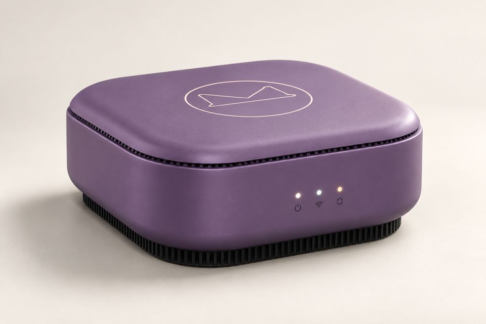 The Box Plus concept in Dusk Violet: a low square box in a muted purple with rounded corners and a gently domed lid showing the outlined Synkurl mark. Small vent slots ring the lid seam; three lights glow on the front above a ribbed black base.