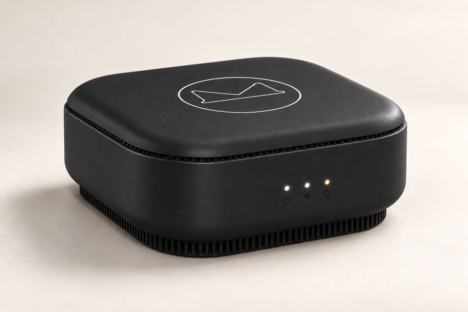 The Box Plus concept in Matte Black: a low square box with rounded corners and a gently domed lid showing the Synkurl mark in a pale outline. Small vent slots ring the lid seam; three lights glow on the front above a ribbed base.