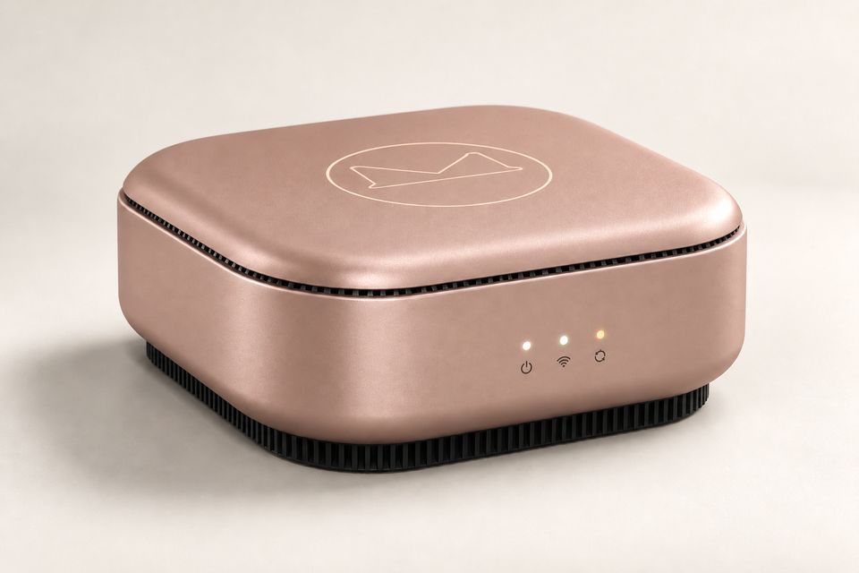 The Box Plus concept in Rose Gold: a low square box with a warm, softly reflective metallic-look finish, rounded corners and a gently domed lid showing the outlined Synkurl mark. Small vent slots ring the lid seam; three front lights glow above a ribbed black base.