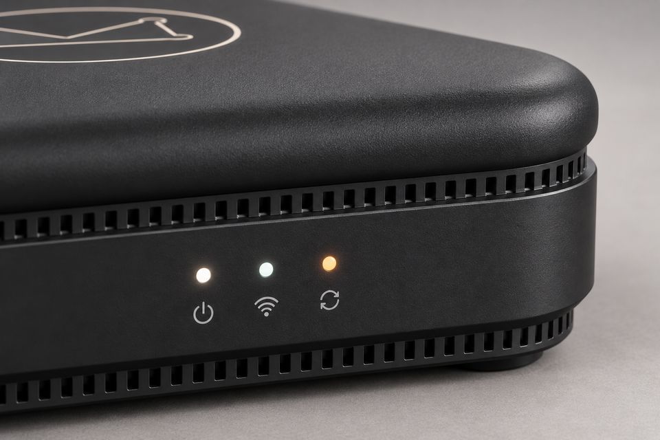 Close-up of the Box concept in Matte Black: three status lights glow white, pale blue-green and amber, between rows of vent slots. Part of the outlined Synkurl mark shows on the rounded lid above.