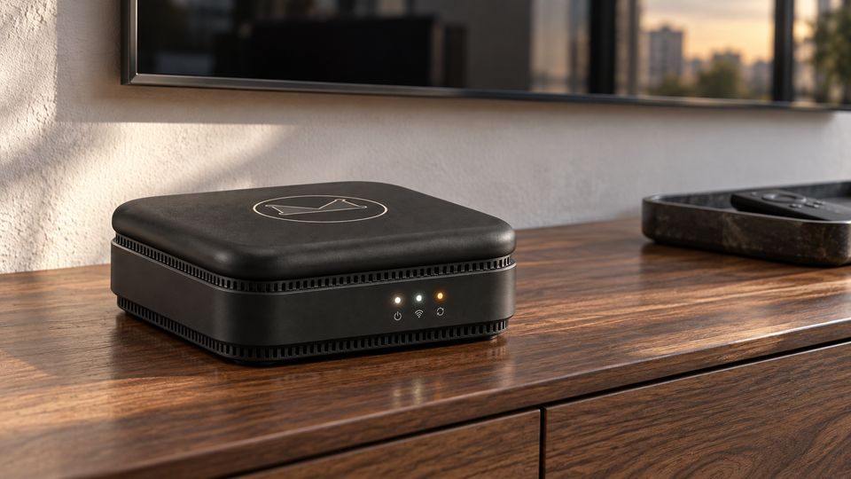The Box concept in Matte Black sits on a polished wooden sideboard beneath a wall-mounted dark screen, its three status lights glowing. Late sunlight warms the textured white wall, and a dark stone tray holding a remote rests to the right.