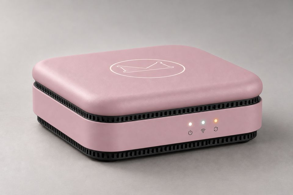 The Box concept in Blush Pink: a low, square device with a softly rounded lid bearing the outlined Synkurl mark. Rows of black vent slots run above and below the pink front band, which shows three glowing status lights.