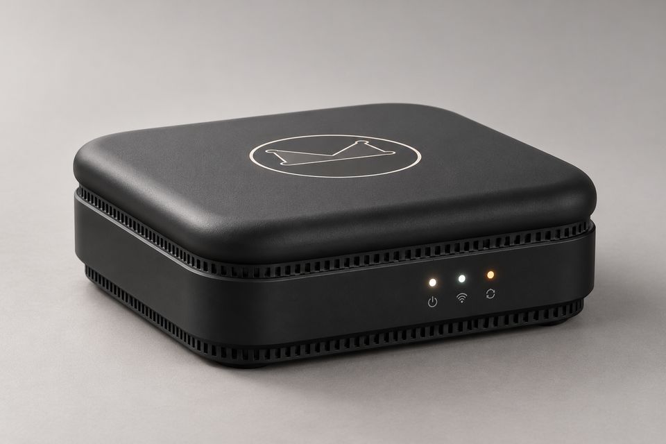 The Box concept in Matte Black: a low, square device with a softly rounded lid bearing the outlined Synkurl mark in a pale line. Vent slots run above and below the black front band, which shows three glowing status lights.
