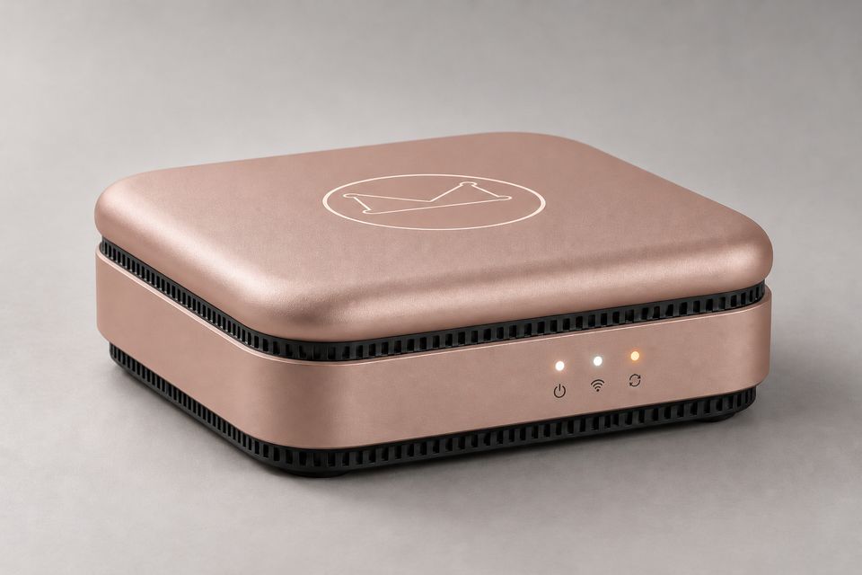 The Box concept in Rose Gold: a low, square device with a rounded lid in a warm pink-champagne sheen, bearing the outlined Synkurl mark. Black vent slots run above and below the front band, which shows three glowing status lights.