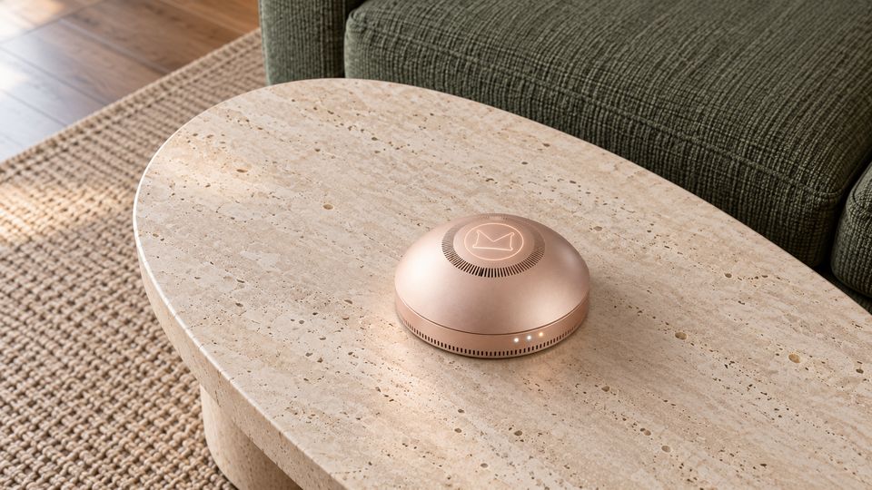The Dome concept in Rose Gold on an oval, pitted stone coffee table in a sunlit living room, in front of a green woven sofa, with a woven rug and wooden floor below. Its outlined Synkurl mark glows softly; three small status lights show on the base.