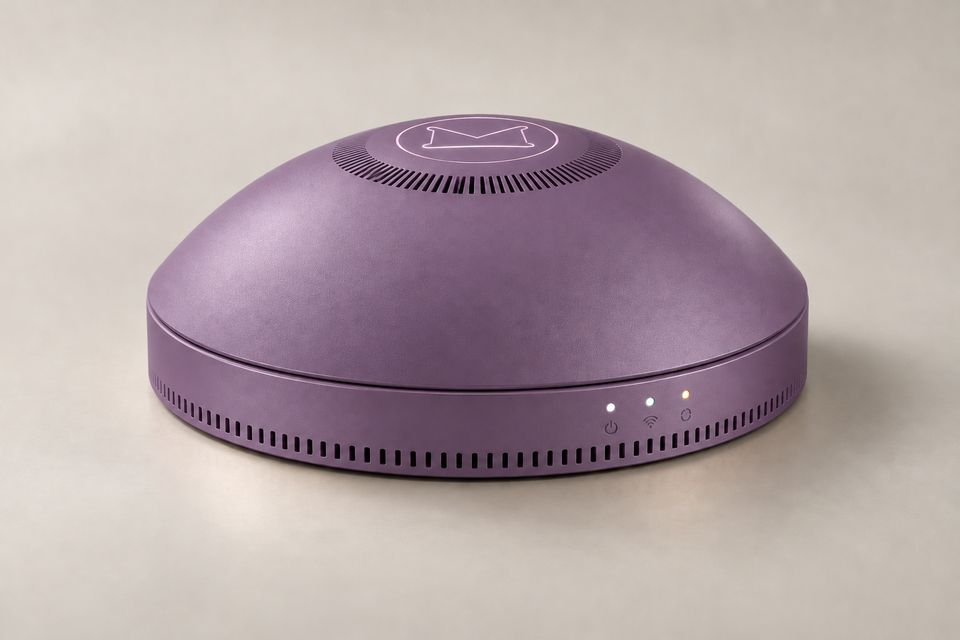 The Dome concept in Dusk Violet: a low, muted purple dome on a slim round base against a pale studio backdrop. Fine vents ring the outlined Synkurl mark on top; three small status lights sit above a row of vent slots.