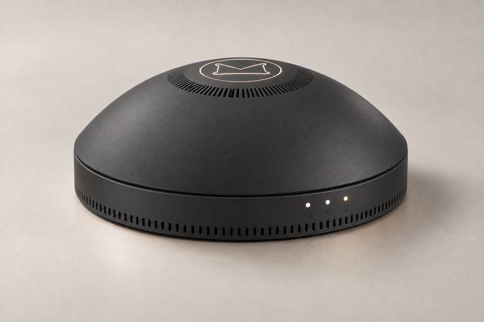 The Dome concept in Matte Black: a low, rounded black dome on a slim round base against a pale studio backdrop. Fine vents ring the outlined Synkurl mark, lit warm amber, on top; three small status lights sit above a row of vent slots.