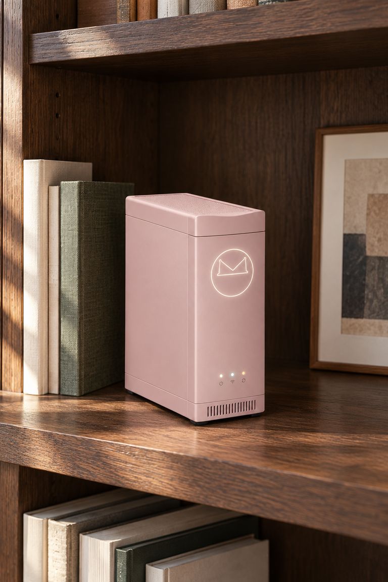 The Spine concept in Blush Pink stands upright on a dark wooden bookshelf in warm sunlight, between plain cloth-bound books and a framed abstract print. Its glowing outlined Synkurl mark, three small status lights and slotted base vent face the viewer.