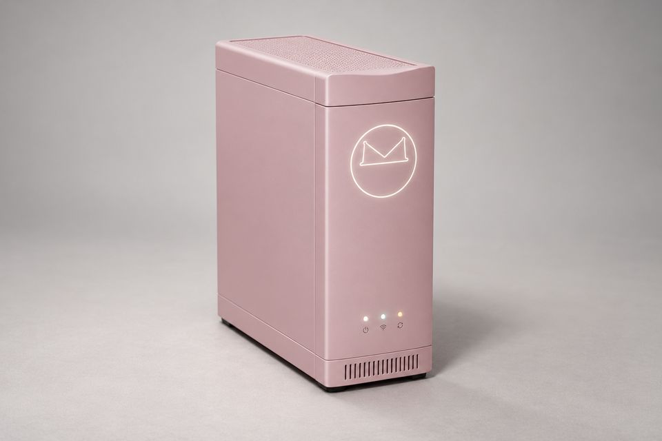 The Spine concept in Blush Pink, a slim upright tower with a perforated top grille and a top cap with a gently scooped front edge, seen at a three-quarter angle on grey. A glowing outlined Synkurl mark sits above three small status lights and a slotted base vent.