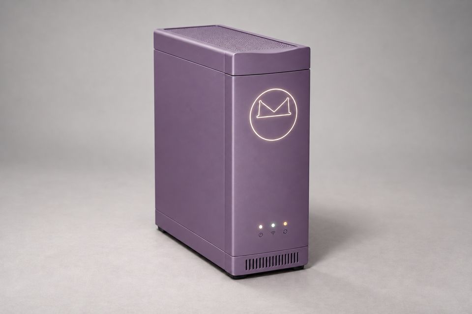 The Spine concept in Dusk Violet, a slim upright tower with a perforated top grille and a top cap with a gently scooped front edge, seen at a three-quarter angle on grey. A glowing outlined Synkurl mark sits above three small status lights and a slotted base vent.