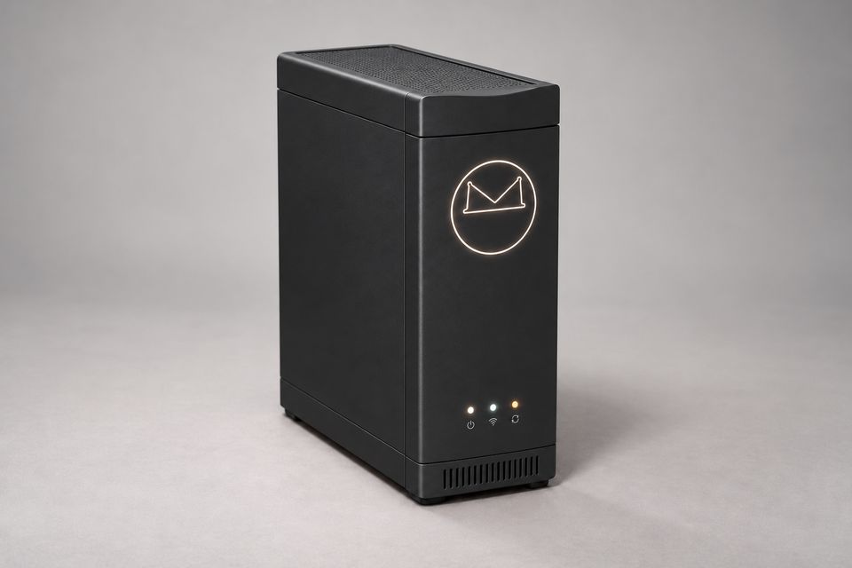The Spine concept in Matte Black, a slim upright tower with a perforated top grille and a top cap with a gently scooped front edge, seen at a three-quarter angle on grey. A glowing outlined Synkurl mark sits above three small status lights and a slotted base vent.