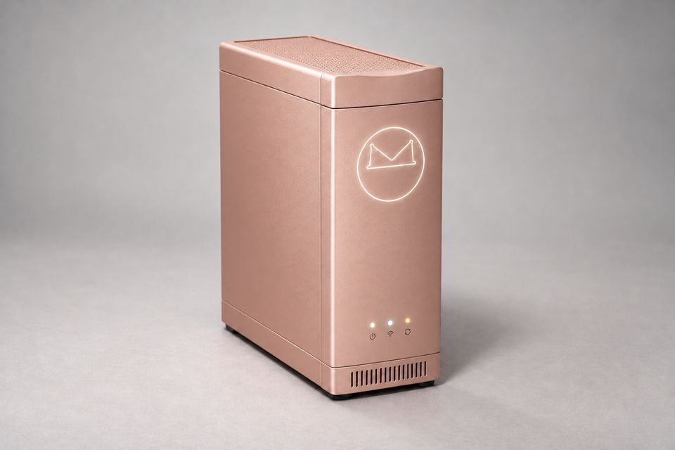The Spine concept in Rose Gold, a slim upright tower with a soft metallic sheen, a perforated top grille and a gently scooped top cap, seen at a three-quarter angle on grey. A glowing outlined Synkurl mark sits above three small status lights and a slotted base vent.
