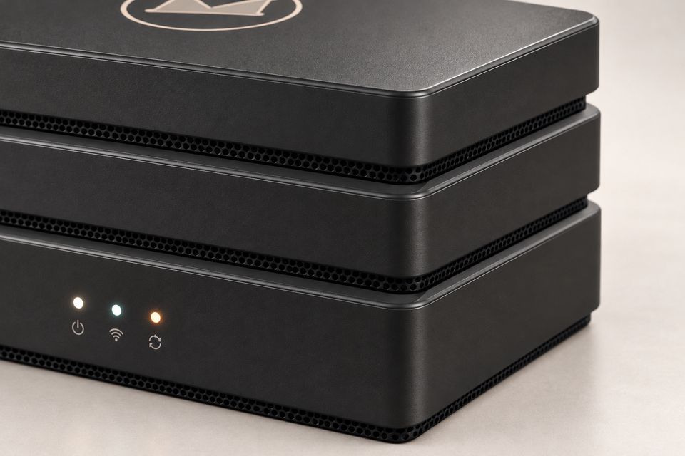 Close-up of the Stack concept in Matte Black: the rounded front-right corner of its three stacked tiers, with fine perforated vent bands between them. Three status lights glow white, blue and amber; the Synkurl mark is partly visible at the top.