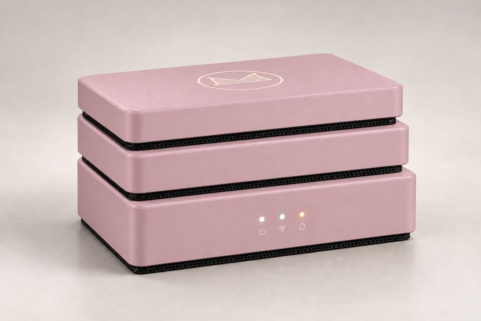 The Stack concept in Blush Pink, a soft dusty-pink satin finish: three rounded rectangular tiers with dark perforated vent bands between them and a vented base. The outlined Synkurl mark sits on top; three small status lights glow on the front.