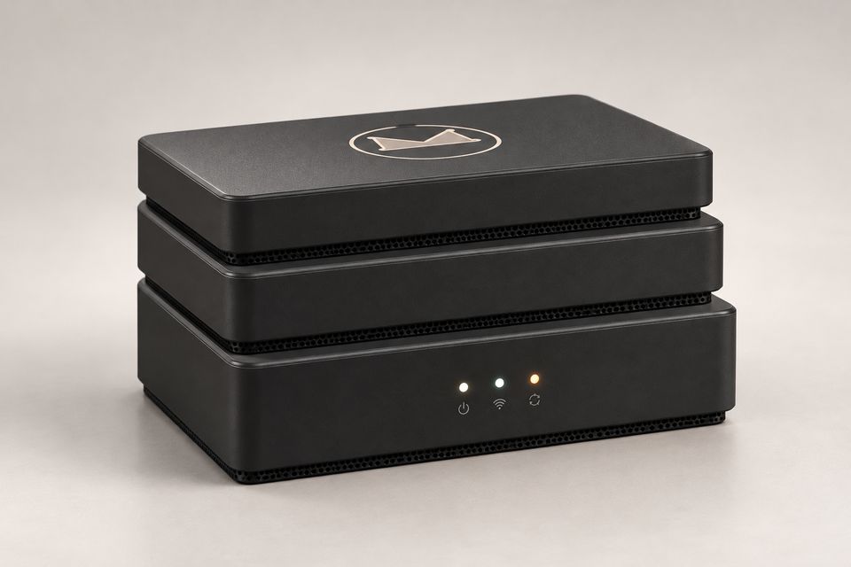 The Stack concept in Matte Black, a low-sheen black finish: three rounded rectangular tiers with perforated vent bands between them and a vented base. The outlined Synkurl mark sits on top; three small status lights glow on the front.
