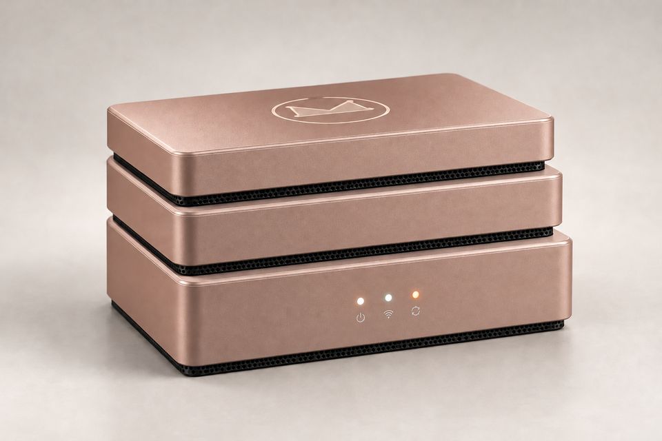 The Stack concept in Rose Gold, a warm pink-champagne metallic finish with soft highlights along its edges: three rounded rectangular tiers with dark perforated vent bands between them. The outlined Synkurl mark sits on top; three small status lights glow on the front.